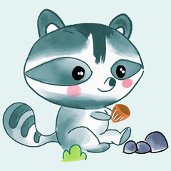 cute baby raccoon eating tree seeds that fell on the ground. Birthday greeting cards, children's story book covers, children's room wallpapers, children's party invitation designs