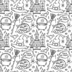 Halloween pattern with pumpkin, castle, witchcraft. Scary autumn background.