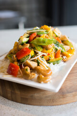 Pad thai noodles with sauted meat peruvian gourmet restaurant food