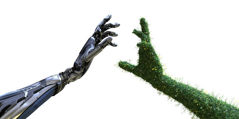 Green technology conceptual design, The Nature as a human arm covered with grass lush and flowers is about to touch robotic hand - 525925592