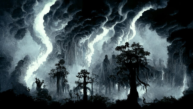 Epic thunderstorm in the night sky. Sparkling bright lightning.  Fantastic Epic Landscape. Artwork sketch. Gaming RPG background. Game asset. Book cover, poster