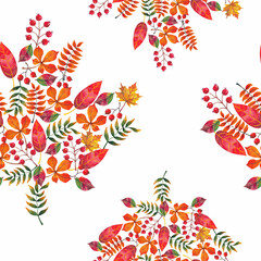 Autumn watercolor leaf's seamless. Yellow, orange, brown colors. Maple shape. White background.