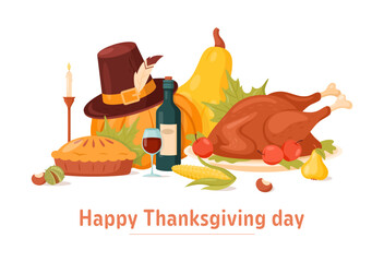 Happy Thanksgiving day. Vector illustration of autumn elements with roast turkey, pumpkin, corn, wine, candles, pilgrim hat, pie. Harvest festival. Autumn greeting card for invitation, special offer.