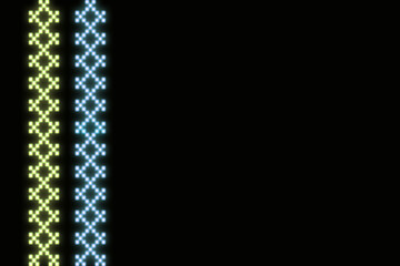 Background for text with neon ornament of yellow and blue squares on black. The concept of Ukrainian style, embroidery, folk traditional motifs