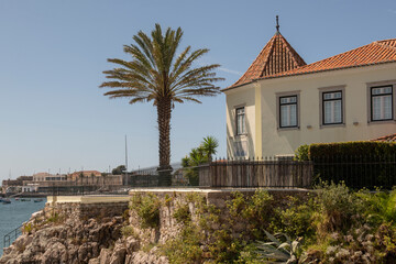 Fototapeta na wymiar House with clay roofs, white wooden windows, palm tree and cliff overlooking a marinad