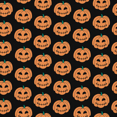 Halloween pattern. Pumkin lanterns. Vector doodle illustration. Halloween seamless black background with autumn holiday symbols jack-o-lanterns. Colorful hand drawn elements