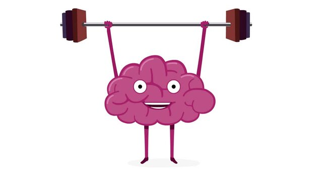 Brain cartoon training. Brain lifts with book barbell. Education concept