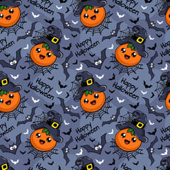 Happy Halloween seamless vector pattern with cute pumpkin and bats