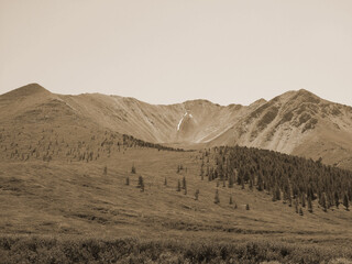 Fototapeta na wymiar Vintage misty landscape with hills and rocks in sepia tones.