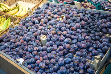 ripe plums in a box on the store counter for purchase
