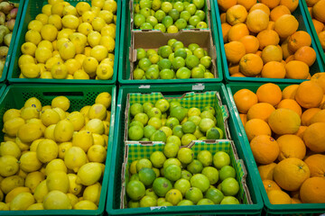 lemons and oranges on the counter in boxes