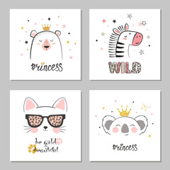 Set of cute animals. Childish vector illustration of cat, zebra and bear. Baby print