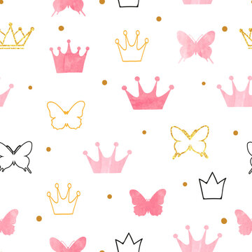Little princess pattern with pink crowns and butterflies. Seamless vector illustration.