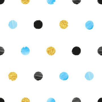 Seamless polka dot pattern with blue, black and golden circles. Vector geometric background