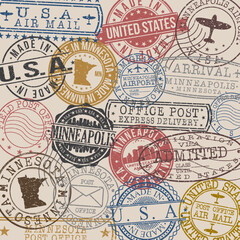 Minneapolis, MN, USA Set of Stamps. Travel Stamp. Made In Product. Design Seals Old Style Insignia.