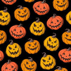 Halloween Pumpkin seamless pattern. Hand drawn vector illustration. Jack o Lantern. Vintage design for the holiday Halloween. Design template.