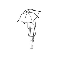 Elegant girl wearing autumn clothes goes under umbrella. Vector hand drawing. View back.