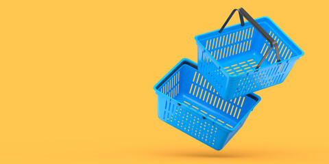 Set of plastic basket from supermarket for online shopping on yellow background.