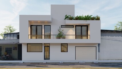 minimalist white facade, with volumes overlooking the street