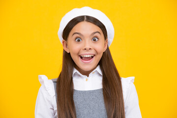 Excited face, cheerful emotions of teenager girl. adorable smiling little girl child isolated on a white background