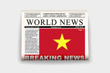 Vietnam country newspaper with flag, breaking news on newsletter, news concept, gazette page with headline