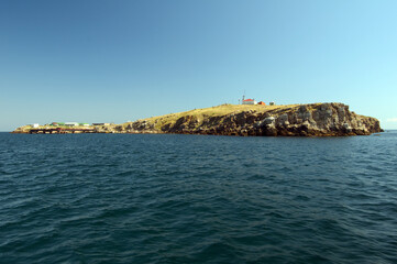 Fototapeta na wymiar View from seaside on Snake Island (Zmiinyi Island), Black Sea, Odessa, Ukraine, Eastern Europe