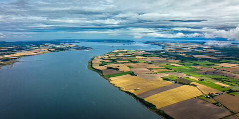 Aerial view of the black island and Cromarty firth in the north east highlands of Scotland during...