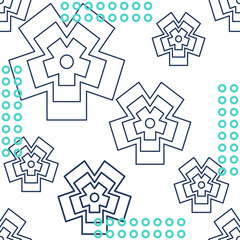 Seamless abstract geometric pattern. Flowers, rings, dots. Blue, green, white. Floral chaotic texture. Vector illustration. Memphis style. Design for textile fabrics, wrapping paper, wallpaper, cover.
