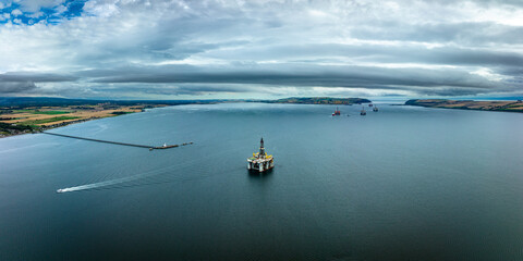 Aerial view of the black island and Cromarty firth in the north east highlands of Scotland during...