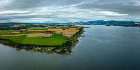 Aerial view of the black island and Cromarty firth in the north east highlands of Scotland during...