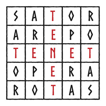 Two-dimensional word square containing the five-word Latin palindrome, Sator Square. Sator, Arepo, Tenet, Opera and Rotas. It features in early Christian and in magical contexts. Vector illustration.