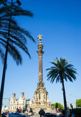 Christopher Columbus monument in Barcelona, Catalonia, Spain.  Cityscape of Barcelona