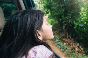 beautiful girl breathing air in nature