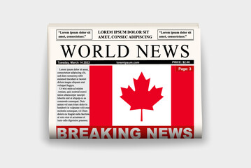 Canada country newspaper with flag, breaking news on newsletter, news concept, gazette page with headline