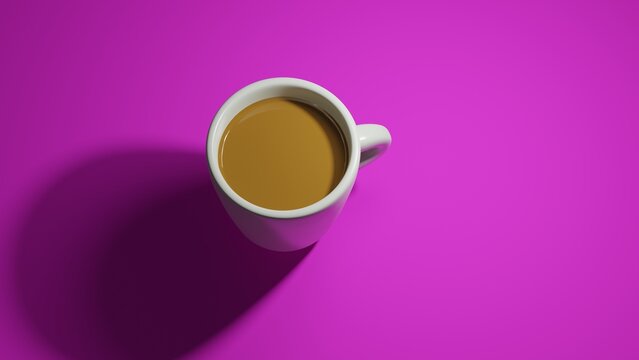 White ceramic cup of coffee on purple surface. Minimal concept. 3D render