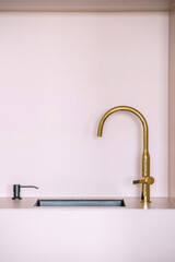 golden water faucet and modern sink at kitchen