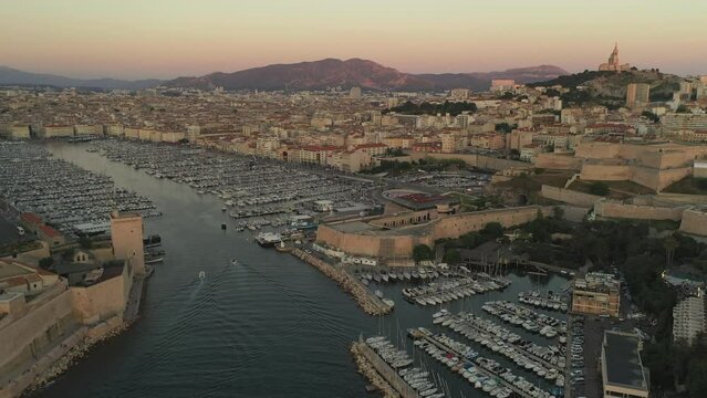Aerial of Vieux Port of Marseille during sunset  France