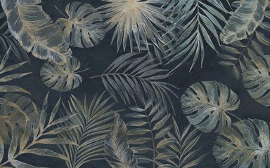 blue monochrome large tropical leaves, exotic wallpaper design, pointed leaves, palm leaves, watercolor effect, modern wallpaper, mural art.