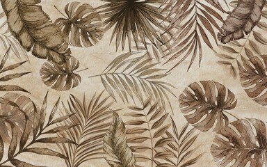 sepia large tropical leaves, exotic wallpaper design, pointed leaves, palm leaves, watercolor effect, monochrome, vintage wallpaper, retro background, mural art. - obrazy, fototapety, plakaty