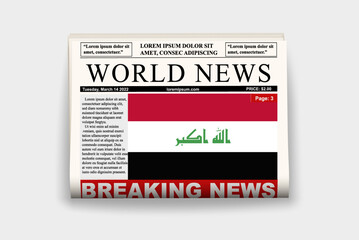 Iraq country newspaper with flag, breaking news on newsletter, news concept, gazette page with headline