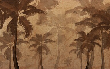 sepia palm trees landscape wallpaper design, modern wallpaper, scandinavian style, texture, vintage, mural art. - obrazy, fototapety, plakaty