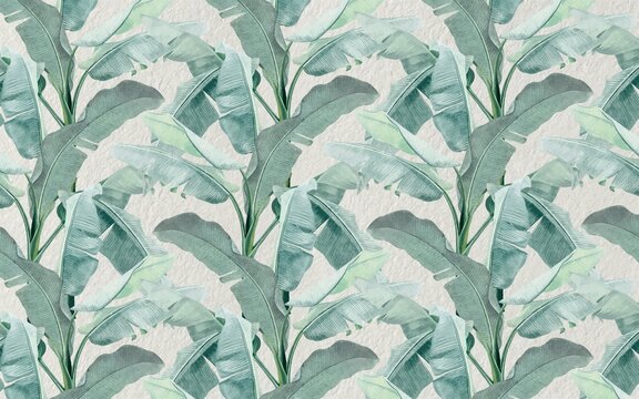 big banana tree leaves wallpaper design, repeating pattern, fresh color, blue monochrome, watercolor effects, background, mural art.