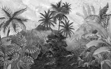 black and white mountain and tree landscape wallpaper design, tropical trees, palm, banana tree, mural art.