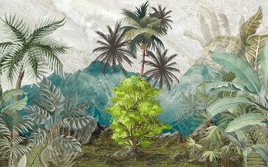 mountain and tree landscape wallpaper design, colorful background, tropical trees, palm, banana tree, mural art. - obrazy, fototapety, plakaty