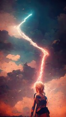 Girl in a Beautiful Lightning Storm, lighting bolts across the sky