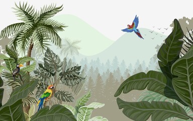 forest landscape wallpaper design, parrots and palm trees, big leaves, mountain scenery, mural art.