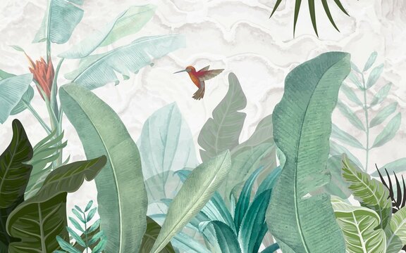 Big Banana Leaves And Hummingbird Wallpaper Design, Marble Pattern Background, Watercolor Effect, Mural Art.