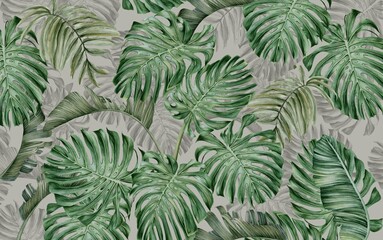 Naklejka na ściany i meble green large tropical leaf wallpaper design, watercolor effect, green monochrome, modern wallpaper design, mural art.