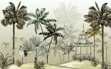 hand drawn forest landscape wallpaper design, long beaked bird, arbor, chinese architecture, tall palm trees, modern wallpaper, background, mural art.