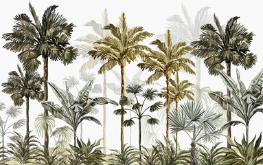 hand drawn forest landscape wallpaper design, tall palm trees, tropical trees, earth tones, modern wallpaper, background, mural art. - obrazy, fototapety, plakaty